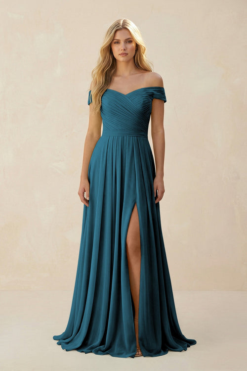 Off - the - Shoulder Pleated A - Line Chiffon Bridesmaid Dress in Dark Teal - SHE IS ME Bridesmaid Dresses