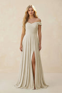 Off - the - Shoulder Pleated A - Line Chiffon Bridesmaid Dress in Dove Gray - SHE IS ME Bridesmaid Dresses