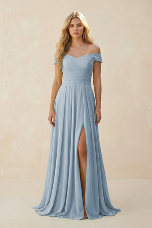 Off - the - Shoulder Pleated A - Line Chiffon Bridesmaid Dress in Dusty Blue - SHE IS ME Bridesmaid Dresses