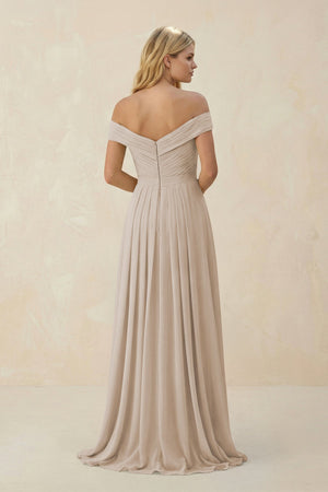 Off - the - Shoulder Pleated A - Line Chiffon Bridesmaid Dress in Frost - SHE IS ME Bridesmaid Dresses