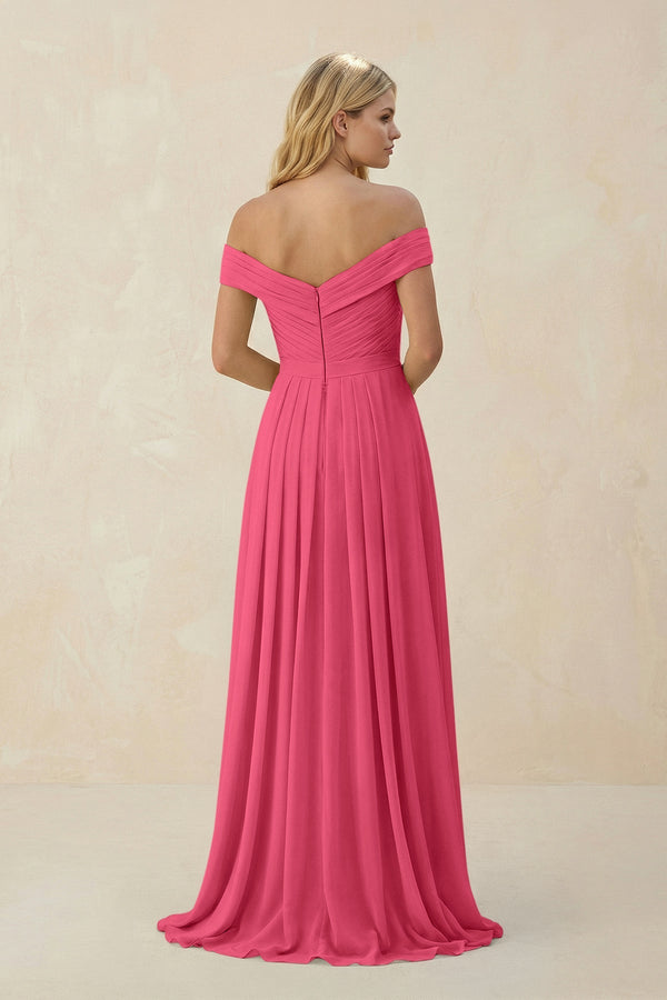 Off - the - Shoulder Pleated A - Line Chiffon Bridesmaid Dress in Fuchsia - SHE IS ME Bridesmaid Dresses