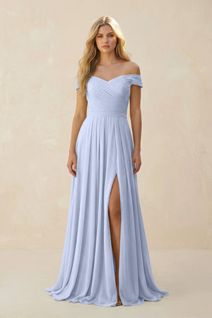 Off - the - Shoulder Pleated A - Line Chiffon Bridesmaid Dress in Ice - SHE IS ME Bridesmaid Dresses