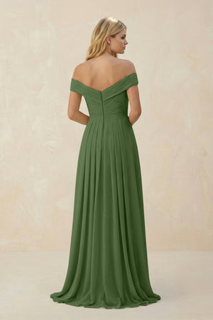 Off - the - Shoulder Pleated A - Line Chiffon Bridesmaid Dress in Moss - SHE IS ME Bridesmaid Dresses