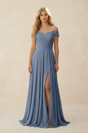 Off - the - Shoulder Pleated A - Line Chiffon Bridesmaid Dress in Neptune - SHE IS ME Bridesmaid Dresses