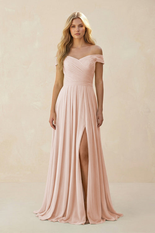 Off - the - Shoulder Pleated A - Line Chiffon Bridesmaid Dress in Pale Blush - SHE IS ME Bridesmaid Dresses