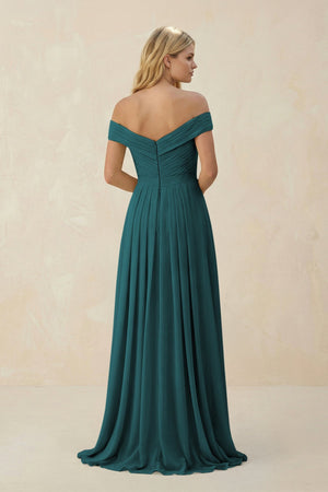 Off - the - Shoulder Pleated A - Line Chiffon Bridesmaid Dress in Pine - SHE IS ME Bridesmaid Dresses