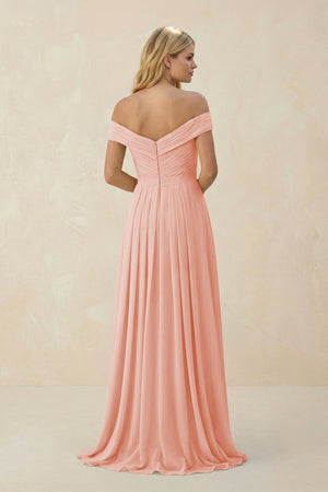 Off - the - Shoulder Pleated A - Line Chiffon Bridesmaid Dress in Rose Petal - SHE IS ME Bridesmaid Dresses