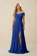 Off - the - Shoulder Pleated A - Line Chiffon Bridesmaid Dress in Royal Blue - SHE IS ME Bridesmaid Dresses