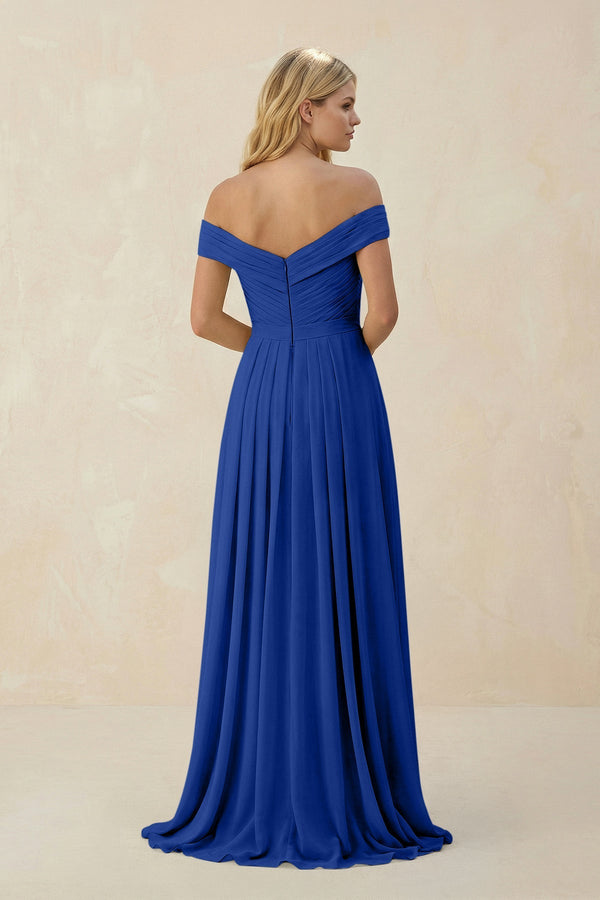 Off - the - Shoulder Pleated A - Line Chiffon Bridesmaid Dress in Royal Blue - SHE IS ME Bridesmaid Dresses