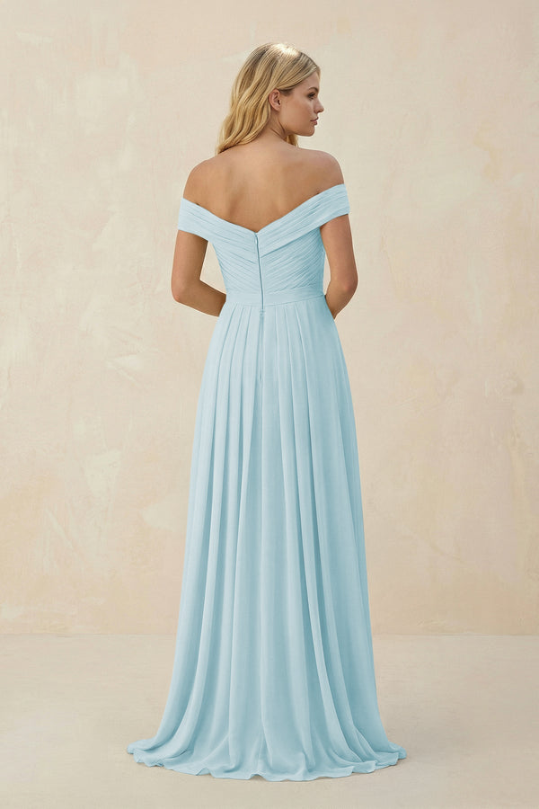 Off - the - Shoulder Pleated A - Line Chiffon Bridesmaid Dress in Sky Blue - SHE IS ME Bridesmaid Dresses