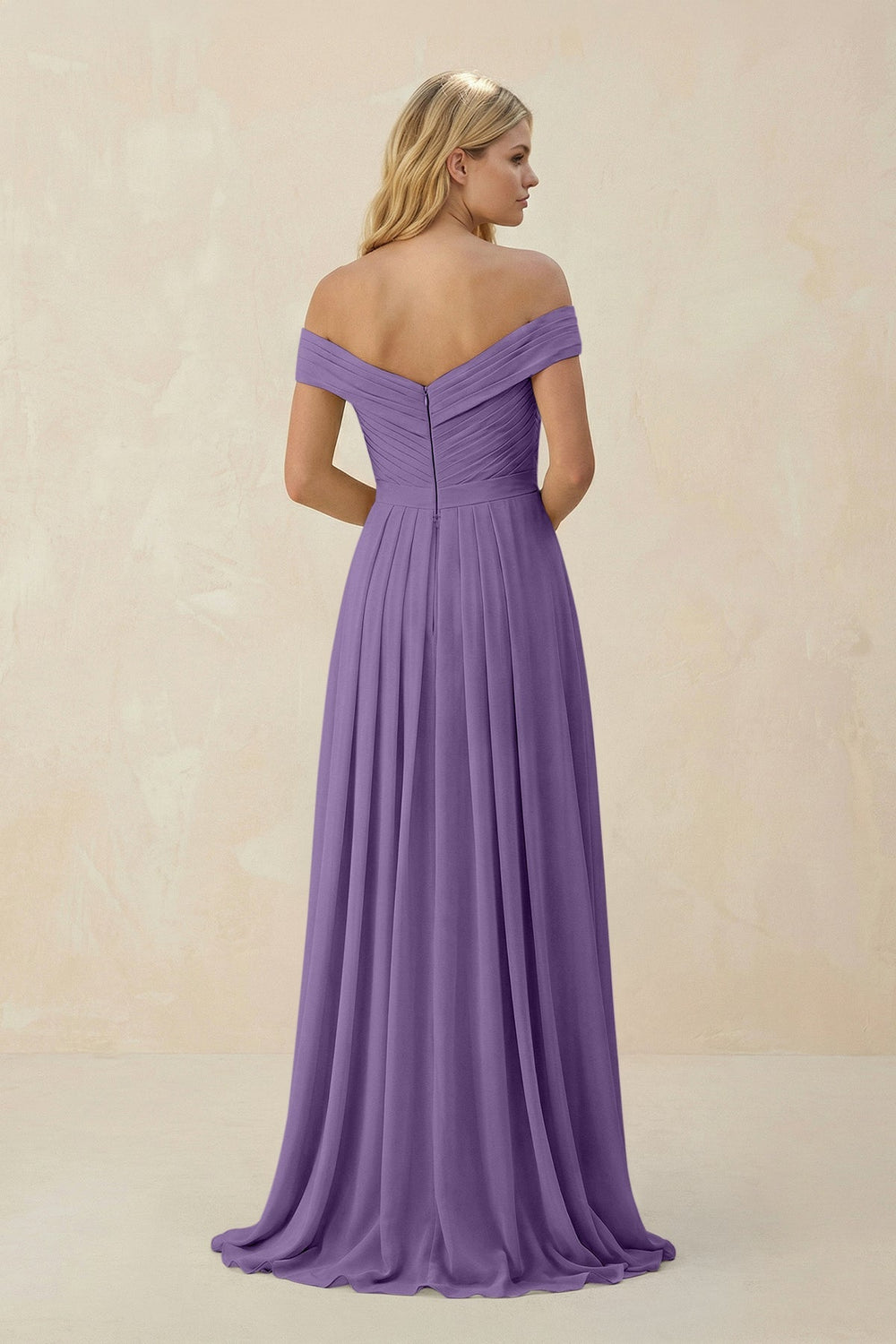 Off - the - Shoulder Pleated A - Line Chiffon Bridesmaid Dress in Tahiti - SHE IS ME Bridesmaid Dresses