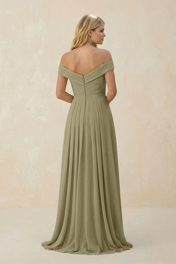 Off - the - Shoulder Pleated A - Line Chiffon Bridesmaid Dress in Thyme - SHE IS ME Bridesmaid Dresses