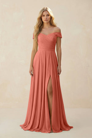 Off - the - Shoulder Pleated A - Line Chiffon Bridesmaid Dress in Wild Rose - SHE IS ME Bridesmaid Dresses