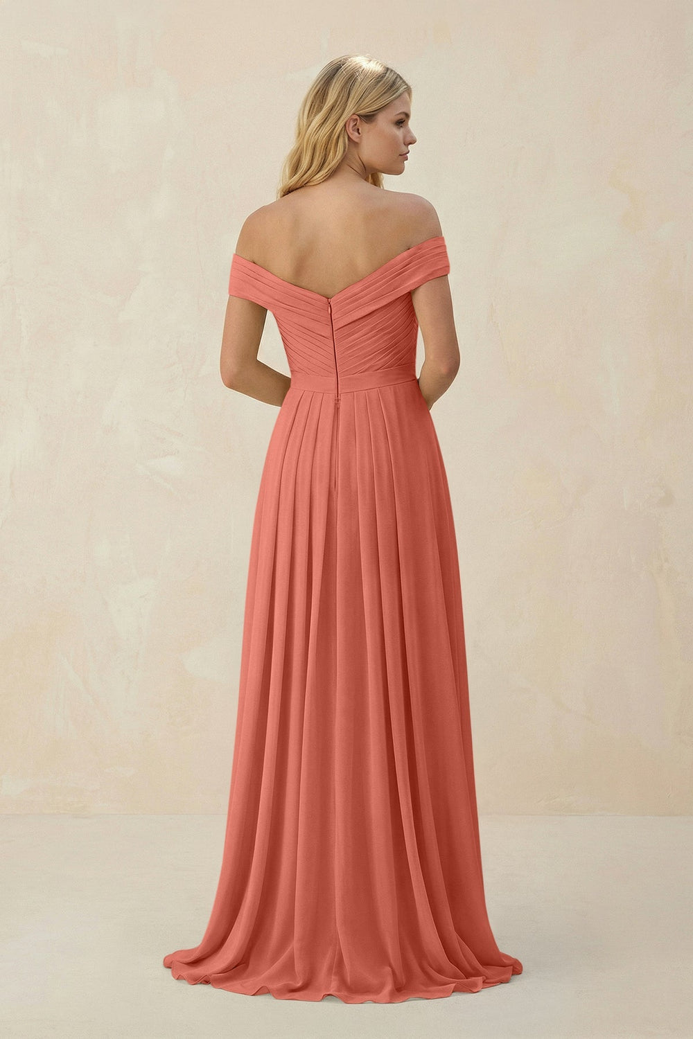 Off - the - Shoulder Pleated A - Line Chiffon Bridesmaid Dress in Wild Rose - SHE IS ME Bridesmaid Dresses