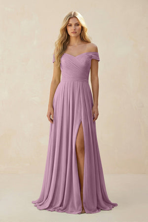 Off - the - Shoulder Pleated A - Line Chiffon Bridesmaid Dress in Wisteria - SHE IS ME Bridesmaid Dresses