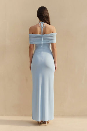 Off The Shoulder Pleated Maxi Dress in Sky Blue - SHE IS ME
