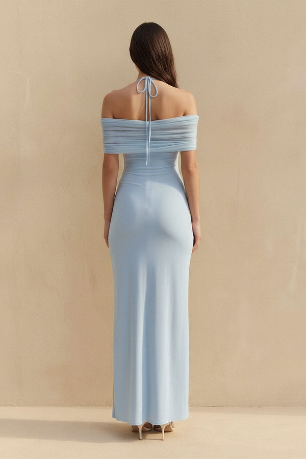 Off The Shoulder Pleated Maxi Dress in Sky Blue - SHE IS ME