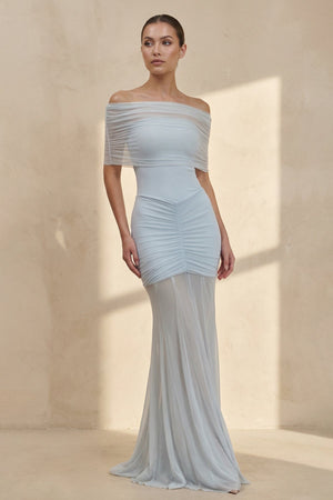 Off The Shoulder Ruched Maxi Dress in Sky Blue - SHE IS ME