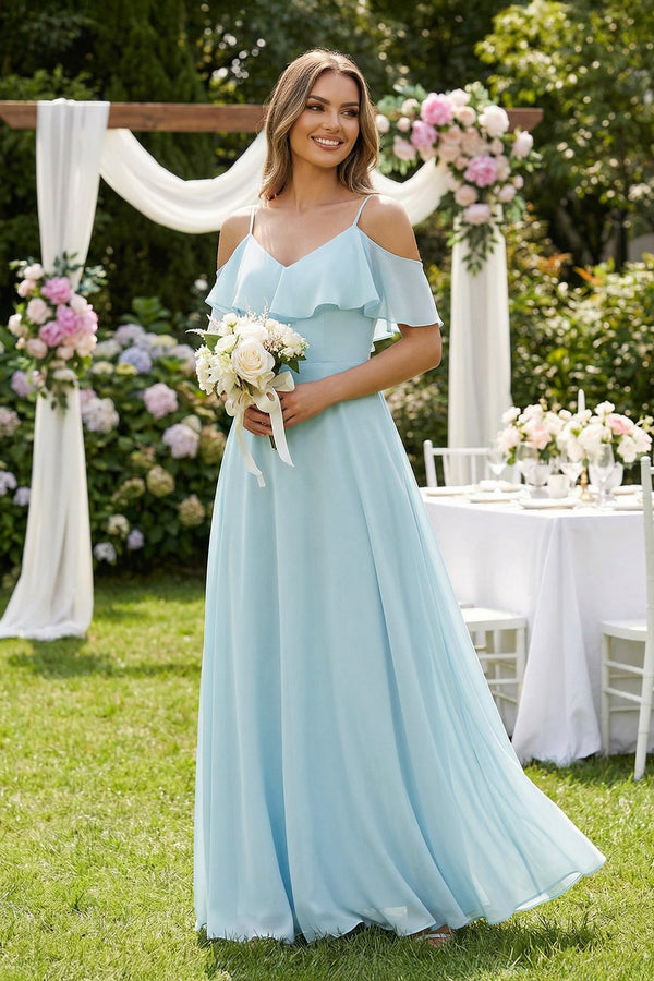 Off - the - Shoulder Ruffled A - Line Chiffon Bridesmaid Dress - SHE IS ME Bridesmaid Dresses