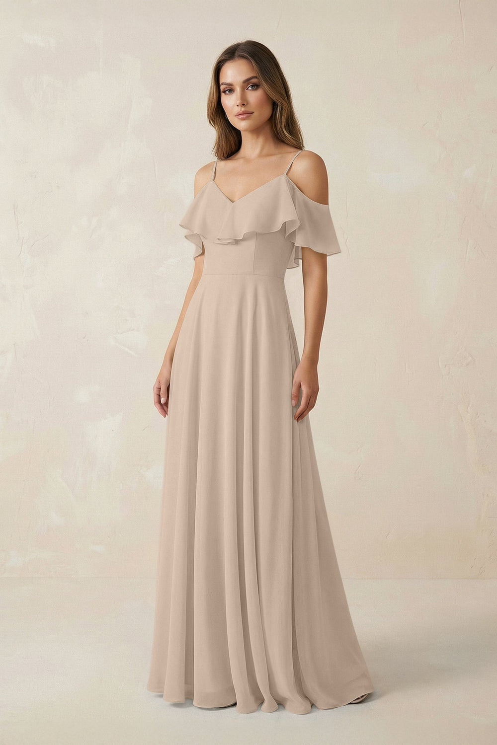 Off - the - Shoulder Ruffled A - Line Chiffon Bridesmaid Dress in Almond - SHE IS ME Bridesmaid Dresses
