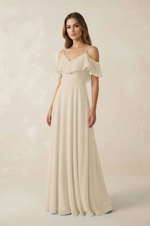 Off - the - Shoulder Ruffled A - Line Chiffon Bridesmaid Dress in Champagne - SHE IS ME Bridesmaid Dresses