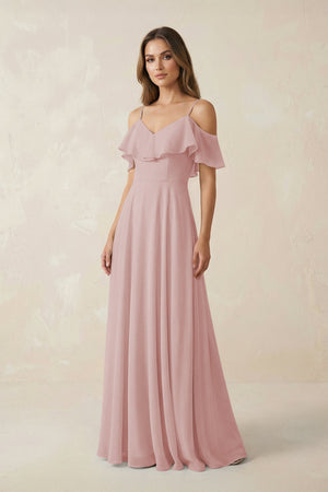 Off - the - Shoulder Ruffled A - Line Chiffon Bridesmaid Dress in Dusty Rose - SHE IS ME Bridesmaid Dresses
