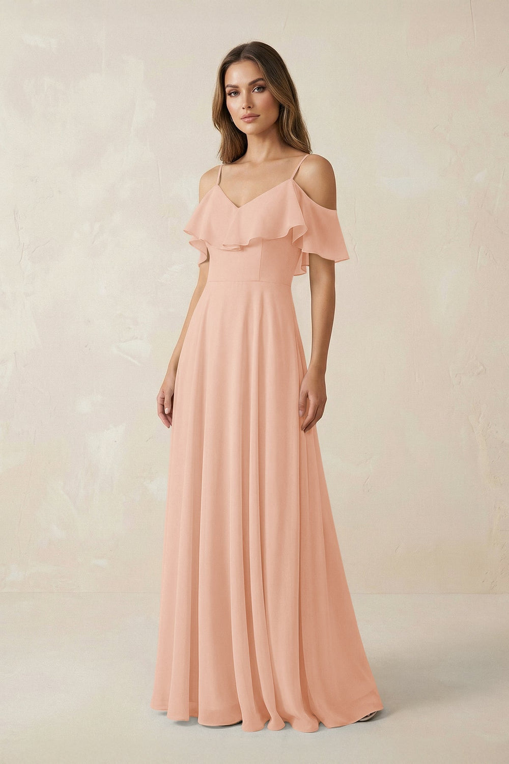 Off - the - Shoulder Ruffled A - Line Chiffon Bridesmaid Dress in English Rose - SHE IS ME Bridesmaid Dresses