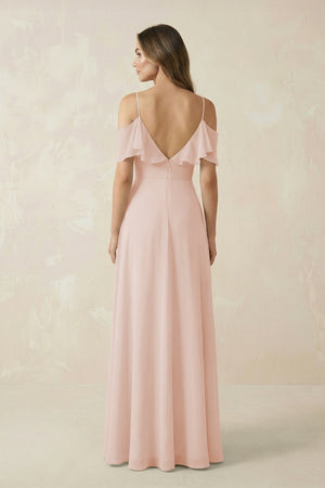 Off - the - Shoulder Ruffled A - Line Chiffon Bridesmaid Dress in Pale Blush - SHE IS ME Bridesmaid Dresses