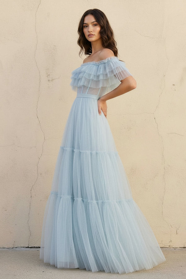 Off The Shoulder Ruffled Gown in Sky Blue - SHE IS ME