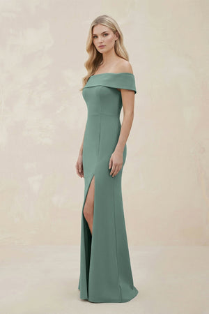 Off - the - Shoulder Satin Sheath Bridesmaid Dress With Slit in Sea Glass - SHE IS ME Bridesmaid Dresses