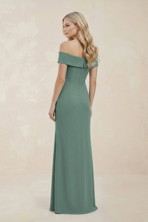 Off - the - Shoulder Satin Sheath Bridesmaid Dress With Slit in Sea Glass - SHE IS ME Bridesmaid Dresses