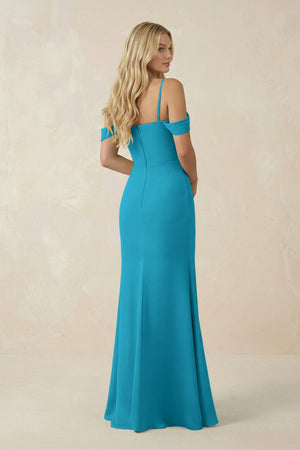 Off - the - Shoulder Sheath Chiffon Ruched Bridesmaid Dress in Blue Jay - SHE IS ME Bridesmaid Dresses