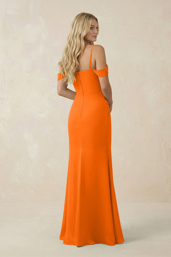 Off - the - Shoulder Sheath Chiffon Ruched Bridesmaid Dress in Cinnamon - SHE IS ME Bridesmaid Dresses