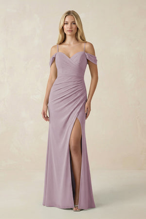 Off - the - Shoulder Sheath Chiffon Ruched Bridesmaid Dress in Dusk - SHE IS ME Bridesmaid Dresses