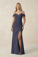 Off - the - Shoulder Sheath Chiffon Ruched Bridesmaid Dress in Dusk Blue - SHE IS ME Bridesmaid Dresses