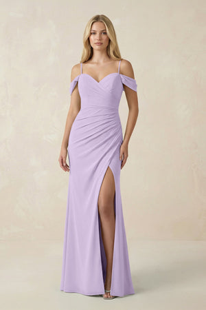 Off - the - Shoulder Sheath Chiffon Ruched Bridesmaid Dress in Lavender - SHE IS ME Bridesmaid Dresses