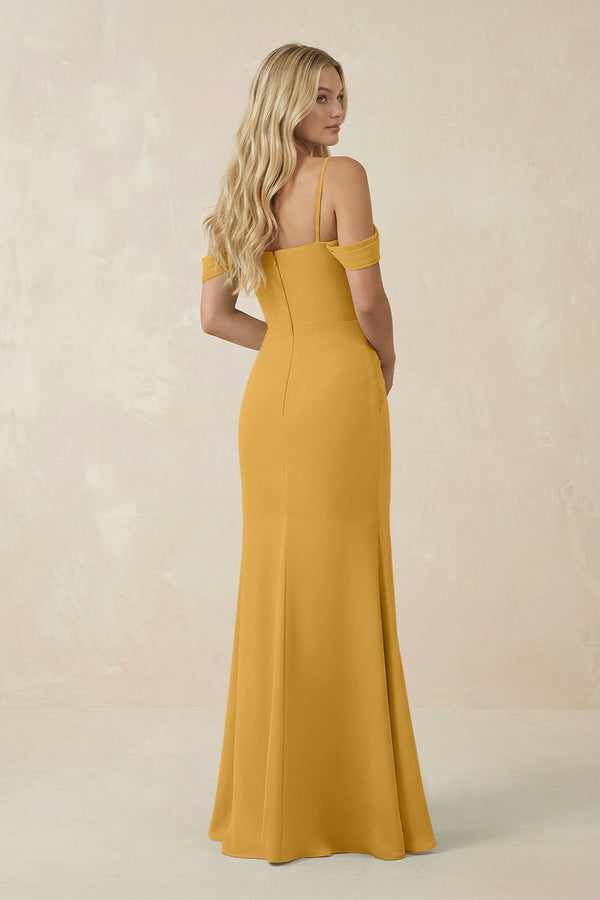 Off - the - Shoulder Sheath Chiffon Ruched Bridesmaid Dress in Marigold - SHE IS ME Bridesmaid Dresses