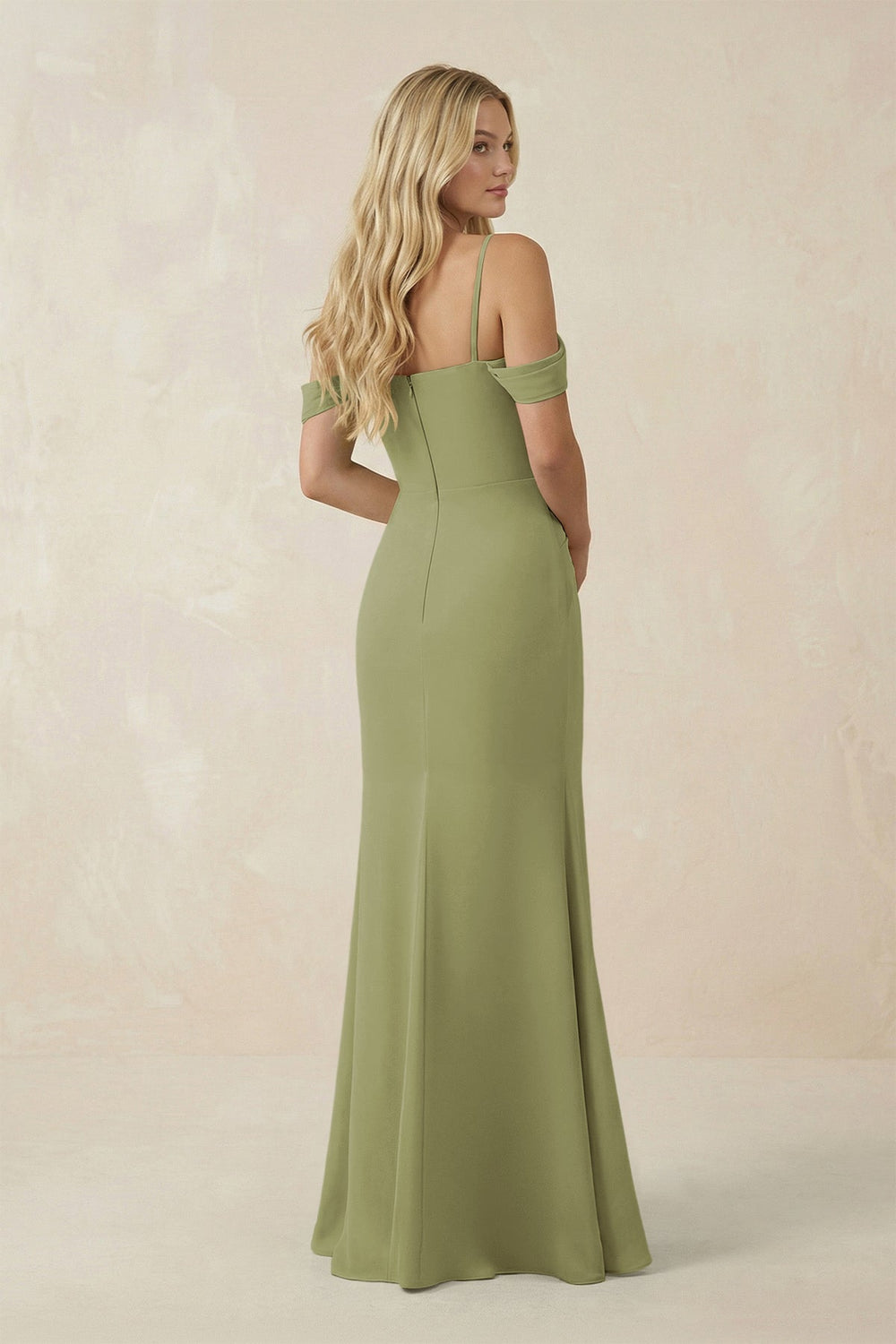 Off - the - Shoulder Sheath Chiffon Ruched Bridesmaid Dress in Moss Green - SHE IS ME Bridesmaid Dresses