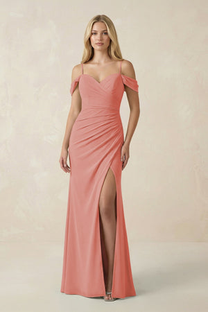 Off - the - Shoulder Sheath Chiffon Ruched Bridesmaid Dress in Mulberry - SHE IS ME Bridesmaid Dresses