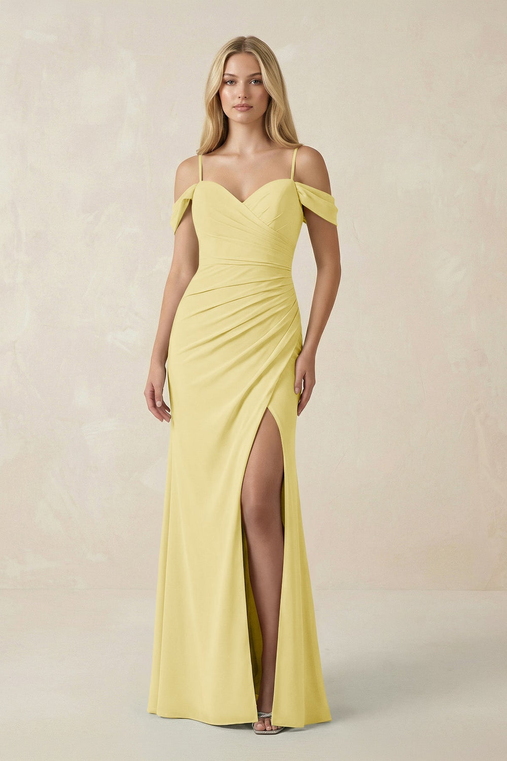 Off - the - Shoulder Sheath Chiffon Ruched Bridesmaid Dress in Pastel Yellow - SHE IS ME Bridesmaid Dresses