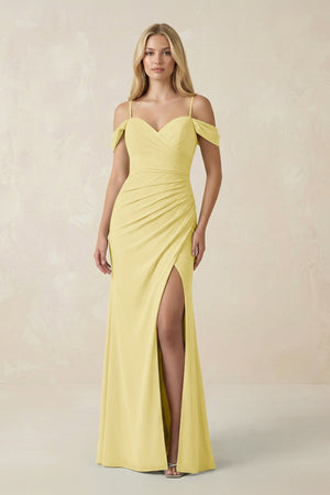 Off - the - Shoulder Sheath Chiffon Ruched Bridesmaid Dress in Pastel Yellow - SHE IS ME Bridesmaid Dresses