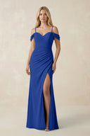 Off - the - Shoulder Sheath Chiffon Ruched Bridesmaid Dress in Royal Blue - SHE IS ME Bridesmaid Dresses