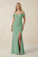 Off - the - Shoulder Sheath Chiffon Ruched Bridesmaid Dress in Sea Glass - SHE IS ME Bridesmaid Dresses