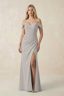 Off - the - Shoulder Sheath Chiffon Ruched Bridesmaid Dress in Silver - SHE IS ME Bridesmaid Dresses