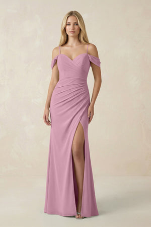 Off - the - Shoulder Sheath Chiffon Ruched Bridesmaid Dress in Vintage Mauve - SHE IS ME Bridesmaid Dresses