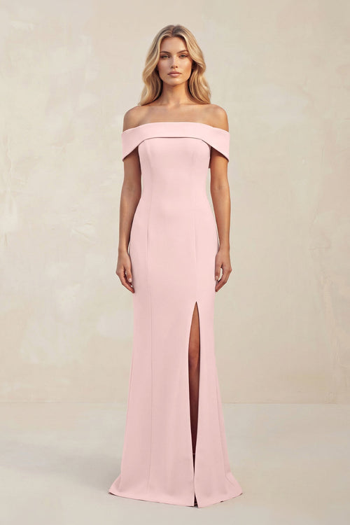 Off - the - Shoulder Sheath Satin Bridesmaid Dress With Slit in Rose Petal - SHE IS ME Bridesmaid Dresses
