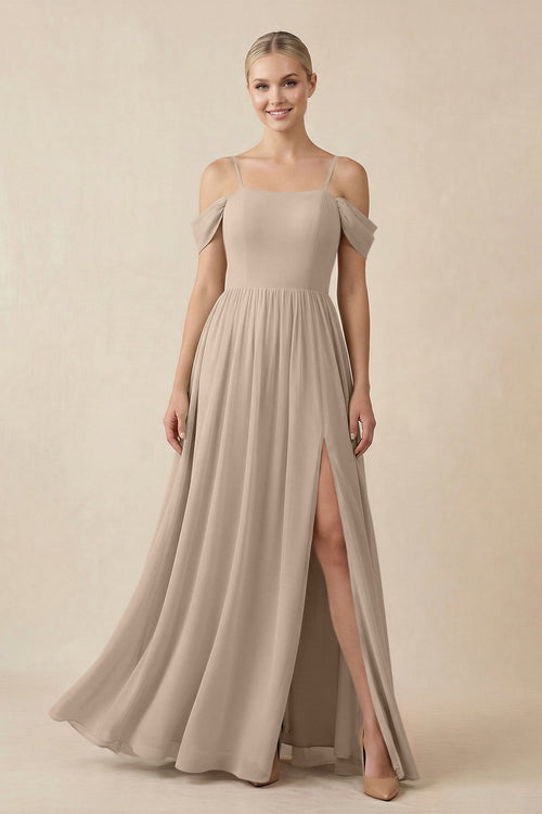 Off - the - Shoulder Sweetheart A - Line Chiffon Bridesmaid Dress in Almond - SHE IS ME Bridesmaid Dresses