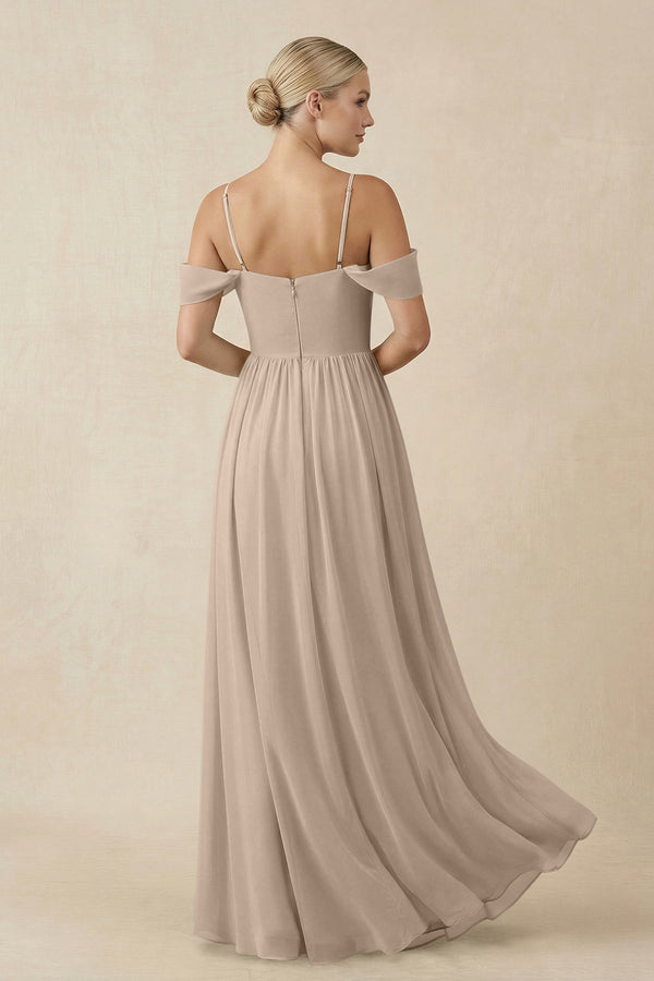 Off - the - Shoulder Sweetheart A - Line Chiffon Bridesmaid Dress in Almond - SHE IS ME Bridesmaid Dresses