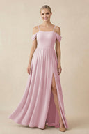 Off - the - Shoulder Sweetheart A - Line Chiffon Bridesmaid Dress in Candy Pink - SHE IS ME Bridesmaid Dresses