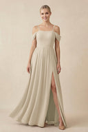 Off - the - Shoulder Sweetheart A - Line Chiffon Bridesmaid Dress in Champagne - SHE IS ME Bridesmaid Dresses